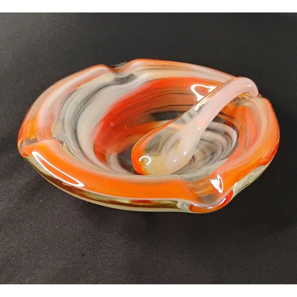 Vintage Hand Blown  Glass Round Ashtray Orange/ Wh Swirl  With Cigarette Stamper